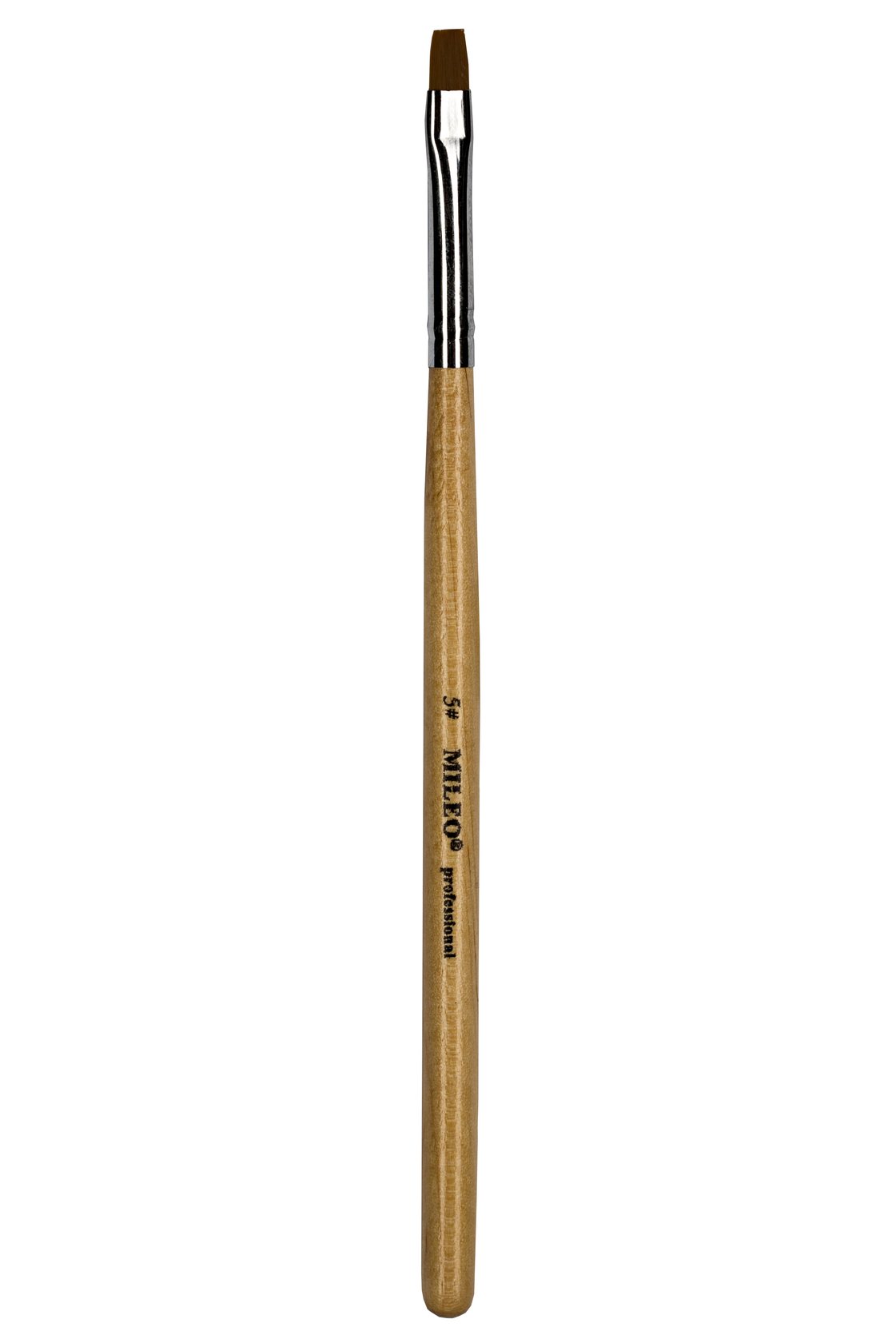 Angled makeup brush with a wooden handle, upright on a white background