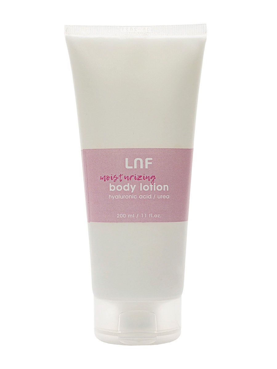Body lotion tube with a mauve label on a white background, no props