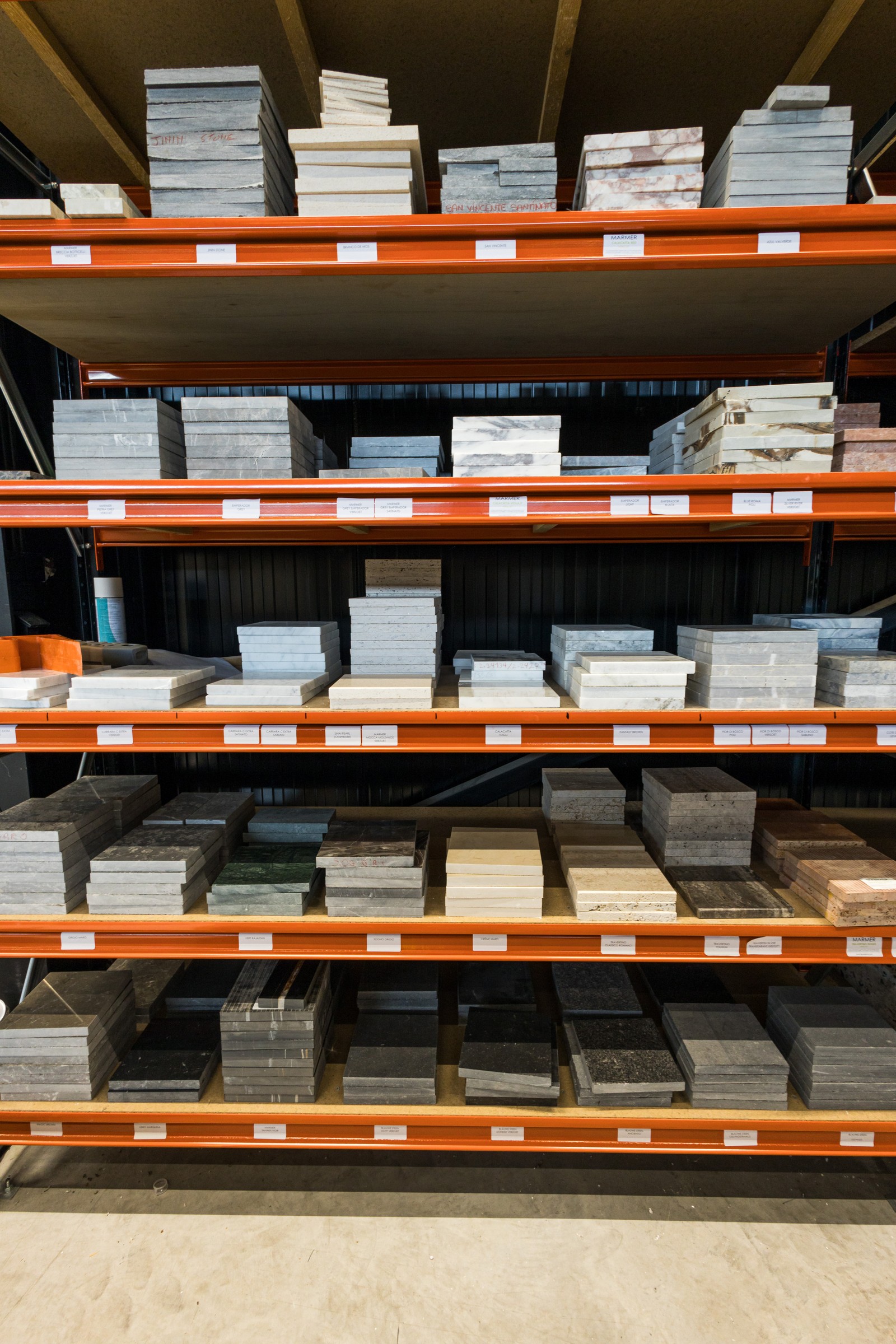 Rack of stone samples — Interior Photography, Brussels
