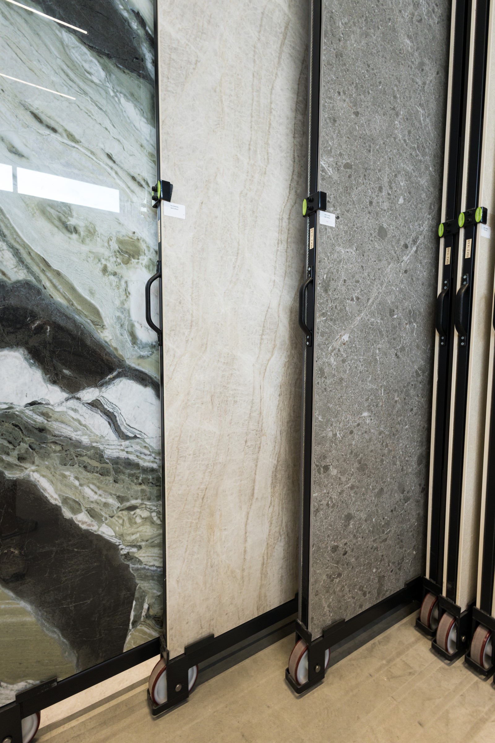 Large-format slabs on rolling racks — Interior Photography, Brussels