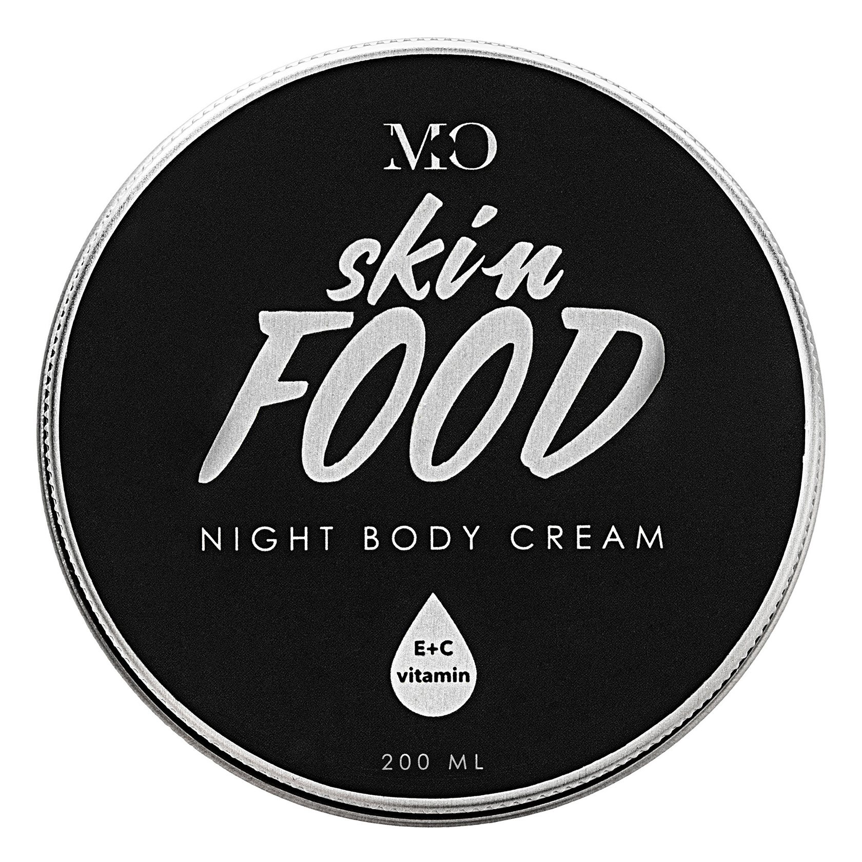 Black tin of night body cream, top view, on a white background