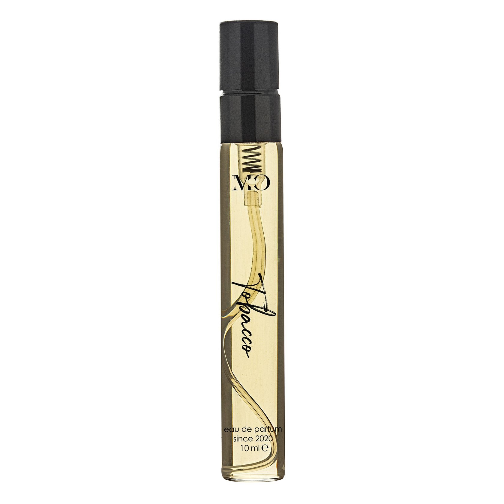 Small eau de parfum vial with golden liquid and black cap on a white background