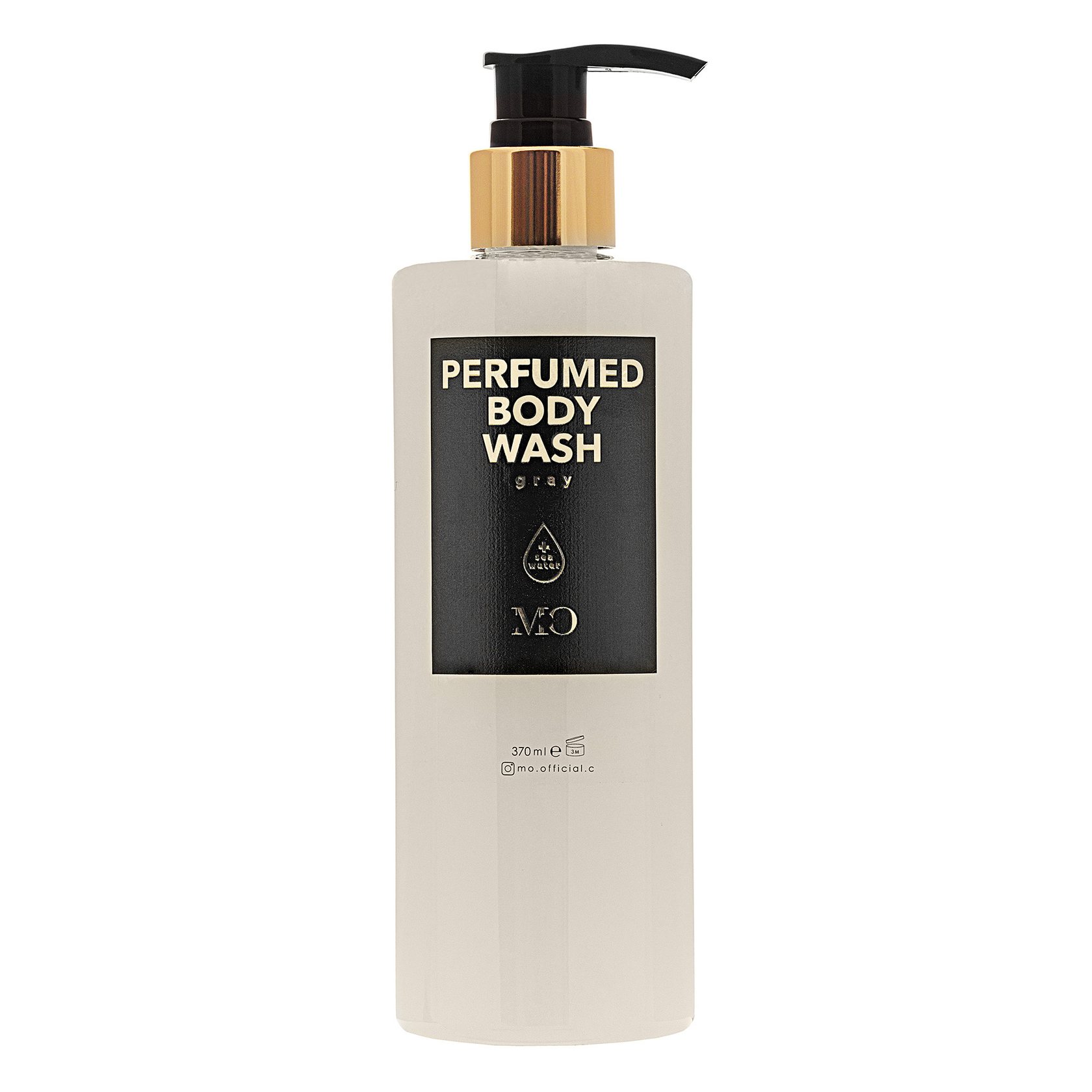 Perfumed body wash bottle with a black pump on a white background